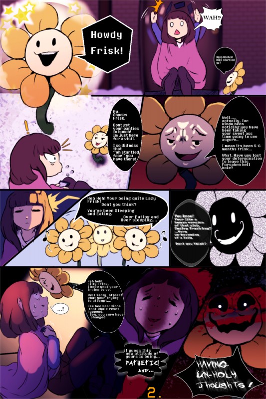 ?! bodily_fluids flower musical_note musical_symbol plant scared smile surprise sweat symbol text home-cooking undertale undertale_(series) flowey_the_flower elemental_creature flora_fauna flower_creature human mammal 2:3 comic english_text hi_res