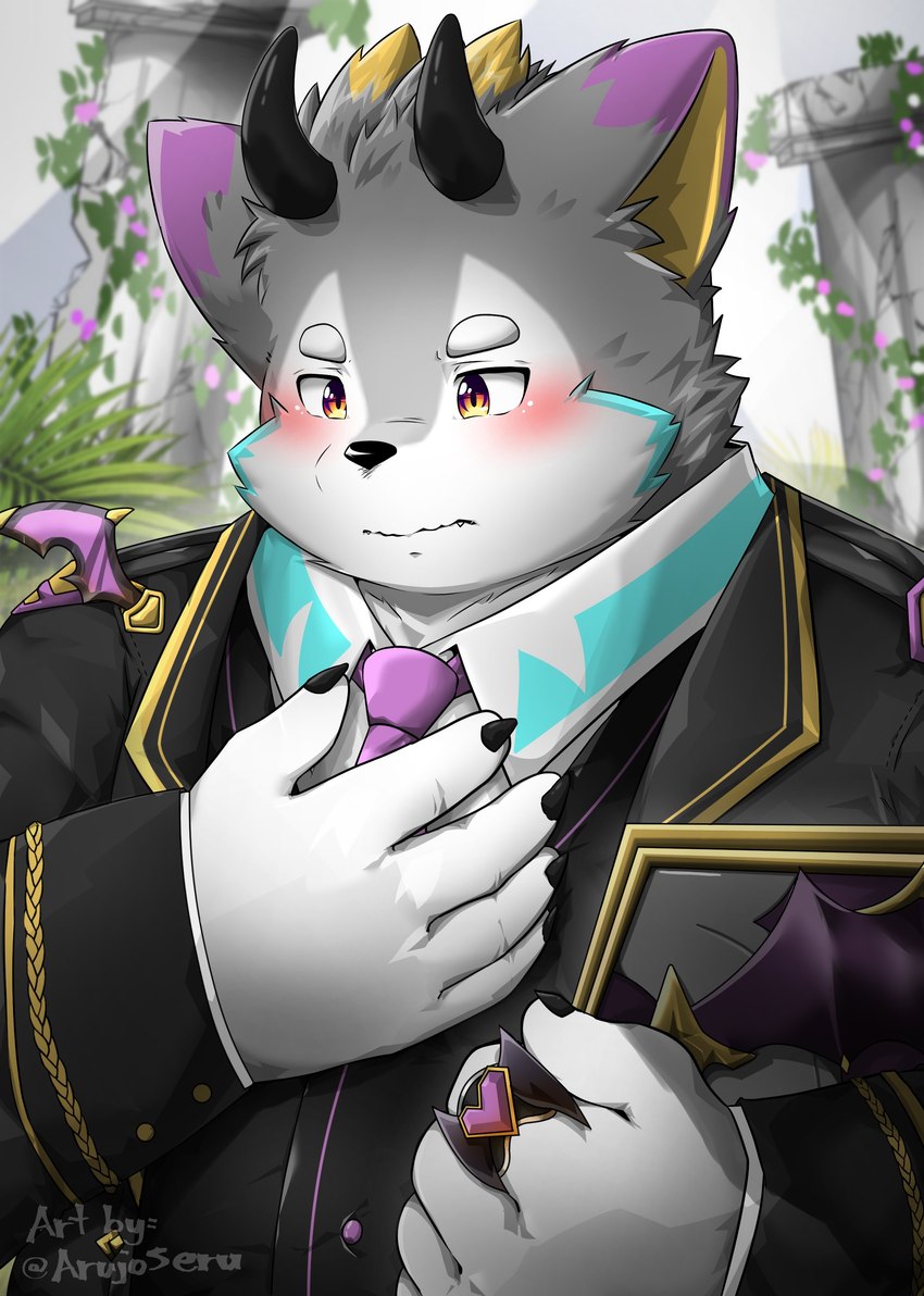 anthro blush clothing embarrassed formal_clothing formal_wear fur grey_body grey_fur horn male necktie overweight solo suit arujoseru lifewonders tokyo_afterschool_summoners belphegor_(tas) canid canine canis demon mammal wolf absurd_res hi_res