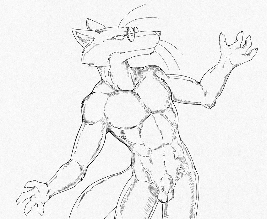 animal_genitalia anthro athletic athletic_male balls biceps cheek_tuft claws countershade_neck countershading eyewear eyewear_only facial_tuft flaccid fully_sheathed genitals glasses glasses_only hamlet_pose inner_ear_fluff male muscular muscular_male nude pecs penis pince-nez pose sheath simple_background solo tuft wearing_glasses whiskers white_background illegaleel hamlet_(play) jack_salem gulonine mammal marten mustelid musteline sable_(marten) 2024 black_and_white hi_res monochrome