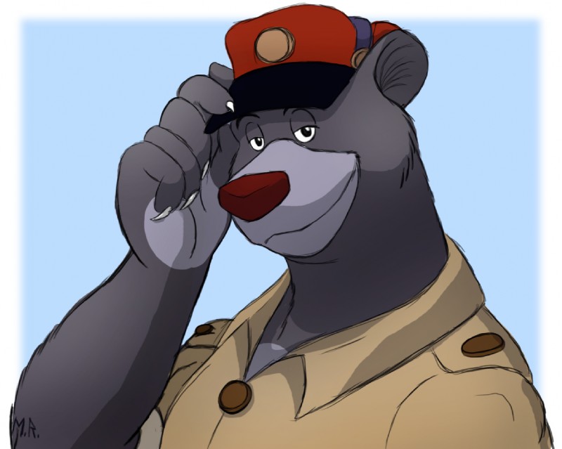 5_fingers anthro blue_background border claws clothed clothing fingers fur grey_body grey_fur half-closed_eyes hat headgear headwear looking_at_viewer male narrowed_eyes red_nose simple_background smile smirk solo tipping_hat white_border shadowninja976 disney talespin the_jungle_book baloo bear mammal sloth_bear ursine 2016 colored_sketch digital_drawing_(artwork) digital_media_(artwork) sketch