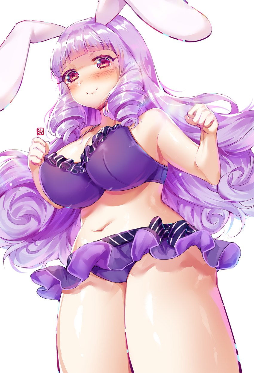 alternative_fashion big_breasts blush breasts clothing drill_curls female hair huge_breasts j-fashion long_hair navel purple_hair red_eyes simple_background solo swimwear yeon-kun sanrio show_by_rock!! chuchu_(show_by_rock!!) animal_humanoid humanoid lagomorph lagomorph_humanoid leporid_humanoid mammal mammal_humanoid rabbit_humanoid hi_res