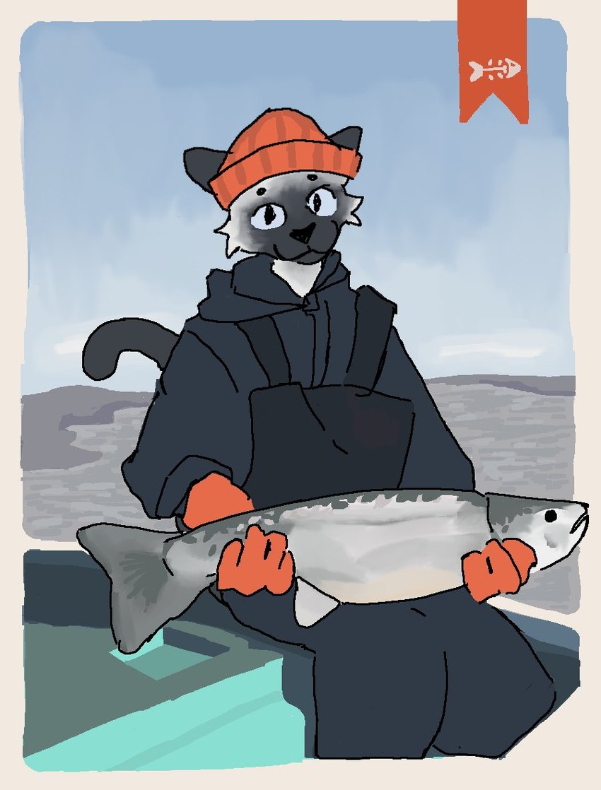 ambiguous_anthro ambiguous_gender anthro beanie boat clothed clothed_ambiguous clothed_anthro clothing day fishing front_view fully_clothed_ambiguous fully_clothed_anthro fur furgonomic_hat furgonomic_headwear furgonomics hat headgear headwear holding_fish mouth_closed orange_beanie orange_clothing orange_hat orange_headwear outside sitting sky smile solo tail topwear vehicle watercraft sneasul domestic_cat felid feline felis fish mammal marine 2022 digital_drawing_(artwork) digital_media_(artwork) portrait