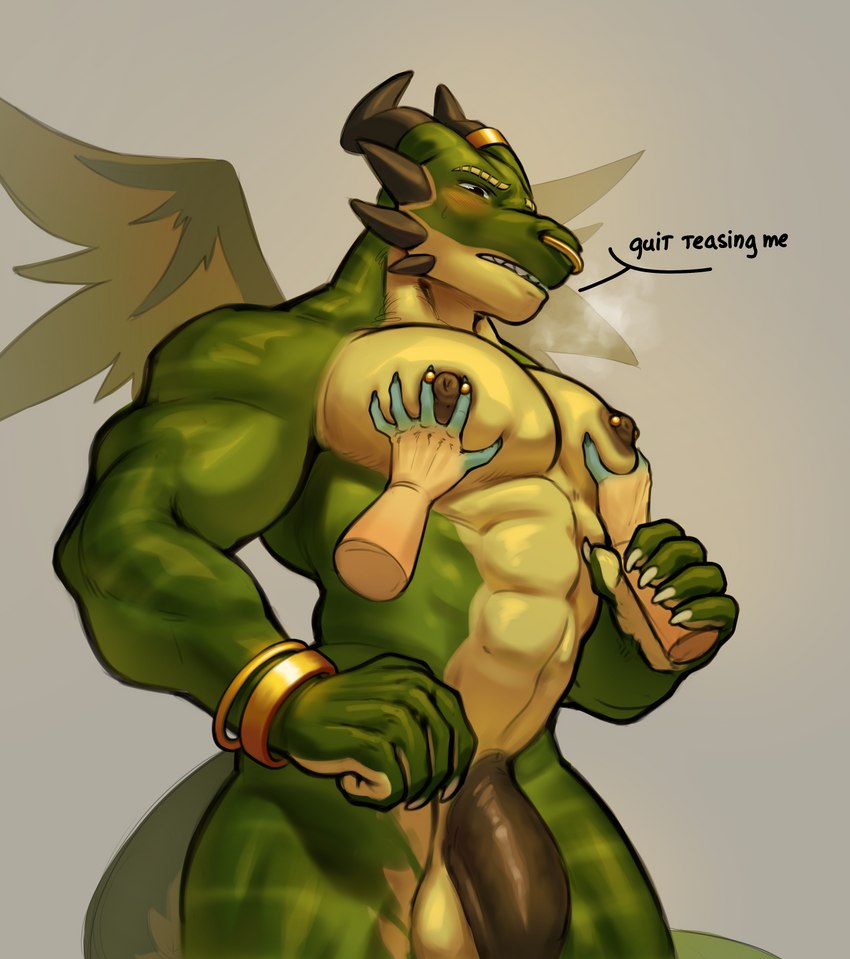 abs anthro balls big_penis black_nipples black_penis claws countershade_scales countershade_tail countershade_torso countershading dialogue facial_piercing genitals green_body green_scales horn horn_jewelry humanoid_genitalia humanoid_penis jewelry male membrane_(anatomy) membranous_wings muscular muscular_anthro muscular_male nipple_piercing nipples nose_piercing nose_ring nude pec_grab pecs penis piercing red_eyes ring_(jewelry) ring_piercing scales simple_background solo spikes spikes_(anatomy) tail tan_body tan_scales text wings oraderg mythology icarus_(darkgem) oraderg_(character) dragon mythological_creature mythological_scalie scalie english_text hi_res