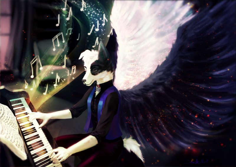 anthro keyboard_instrument music musical_instrument piano solo wings jaihirvi jaizub canid canine canis domestic_dog mammal