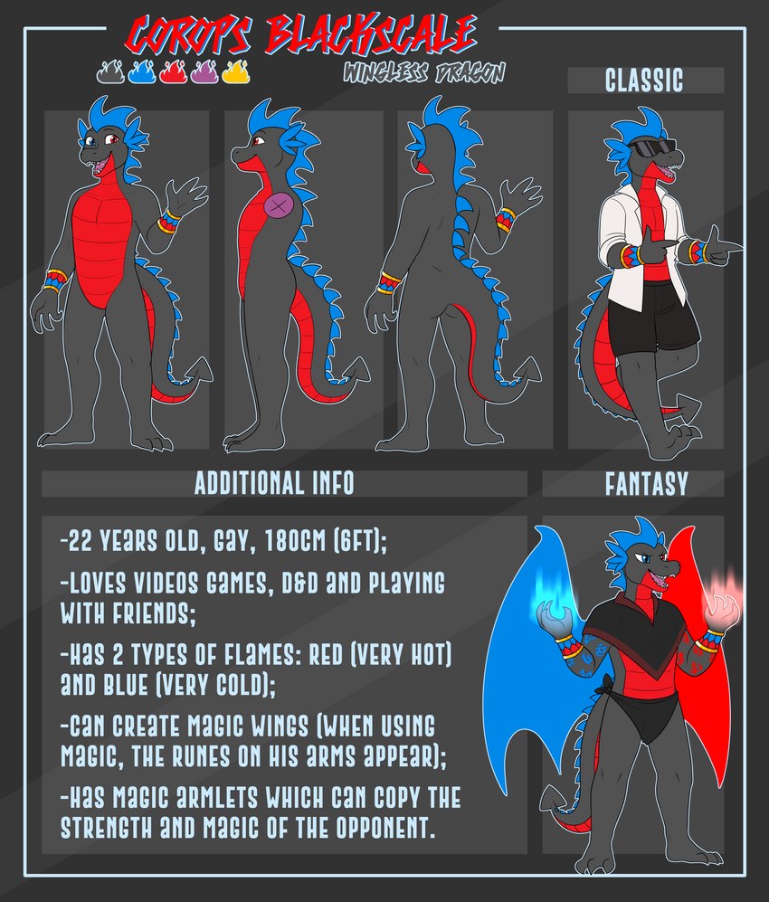 anthro armlet eyewear gem heterochromia magic magic_wings male ruby_(gem) runes sapphire_(gem) solo sunglasses tail text snaildoki mythology corops_blackscale dragon mythological_creature mythological_scalie scalie wingless_dragon absurd_res english_text hi_res model_sheet