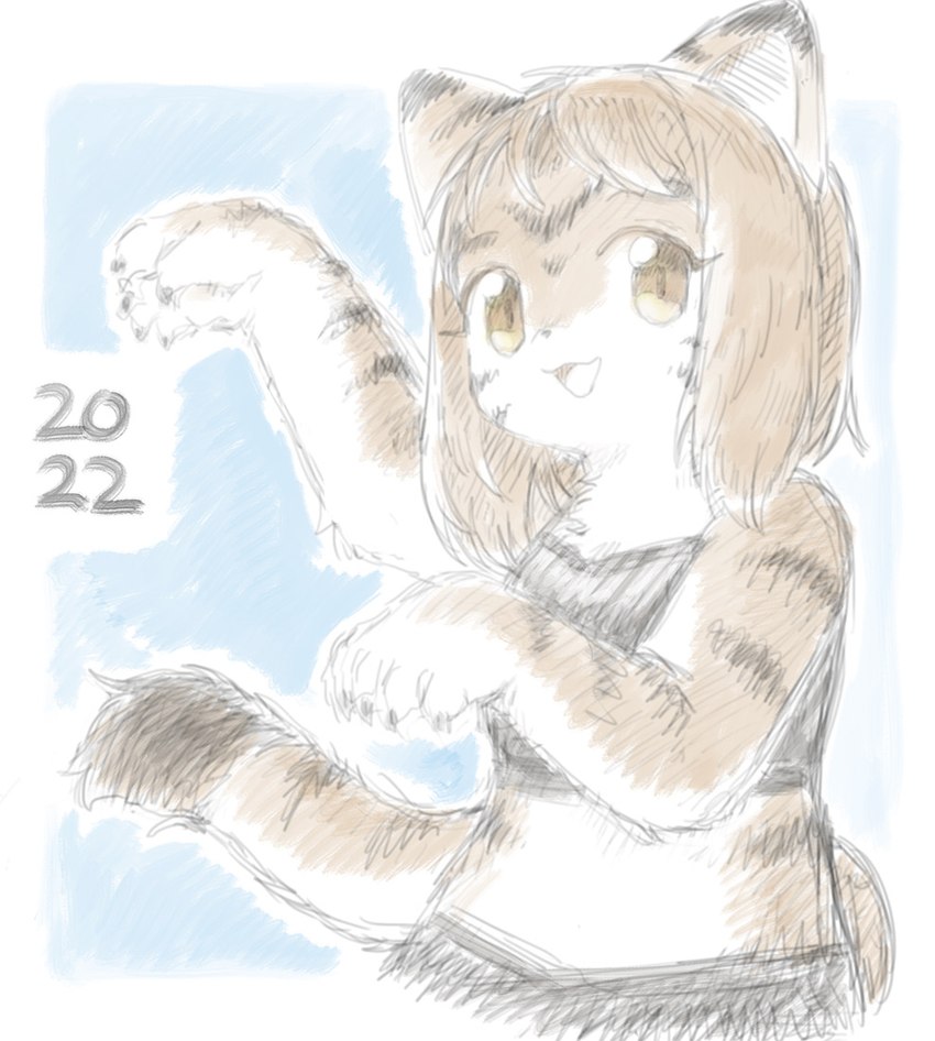 amber_eyes anthro blue_background brown_body brown_clothing brown_fur brown_hair brown_stripes clothed clothing female fur hair kemono open_mouth open_smile raised_arm simple_background smile solo striped_body striped_fur stripes white_body white_fur white_inner_ear apr2019gatto chinese_zodiac year_of_the_tiger felid mammal pantherine tiger 2022 dated digital_media_(artwork) half-length_portrait portrait