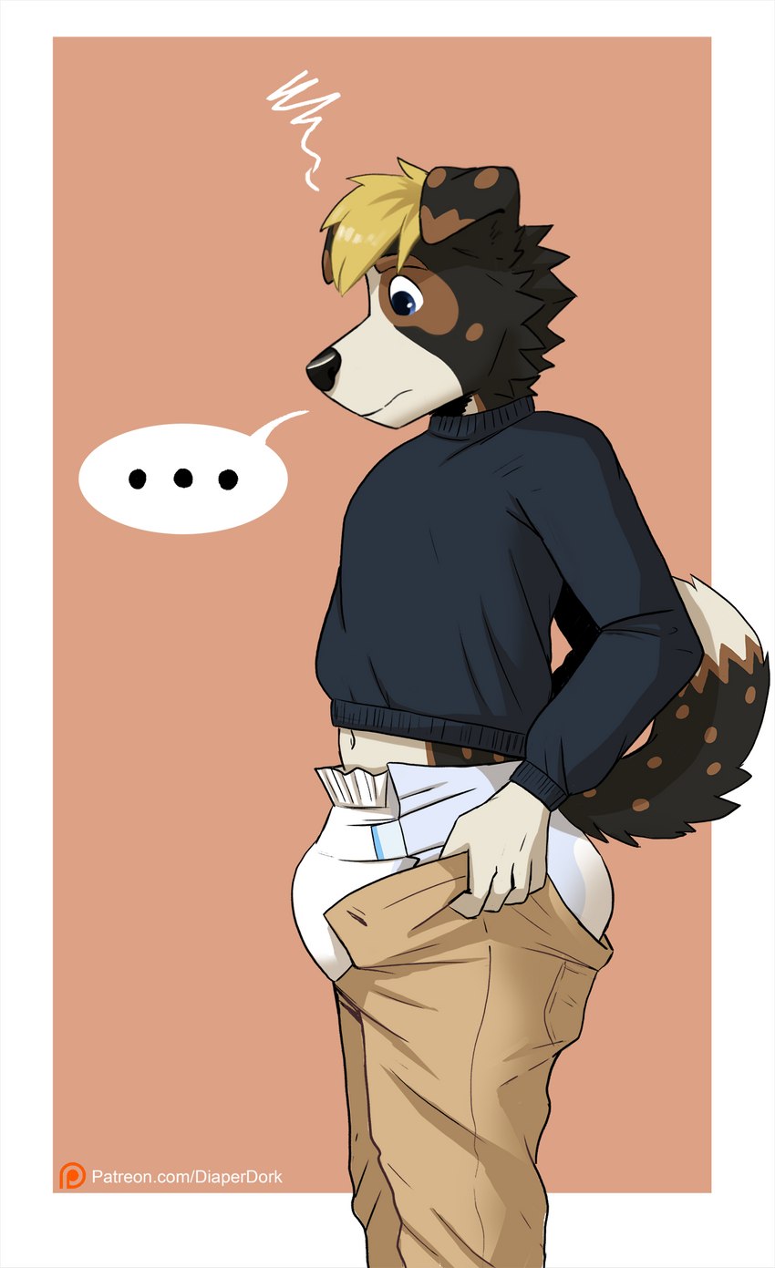 anthro bottomwear clothed clothing diaper male pulling_up_pants simple_background solo wearing_diaper diaperdork tight_pants_(meme) cody_(diaperdork) border_collie canid canine canis collie domestic_dog herding_dog mammal pastoral_dog sheepdog 2023 digital_media_(artwork) hi_res meme