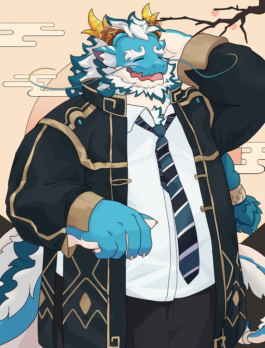 anthro belly blue_body blush clothing dress_shirt eyebrows hair horn male mature_male necktie overweight shirt solo tail thick_eyebrows topwear white_hair pel0403 lifewonders mythology tokyo_afterschool_summoners qinglong_(tas) dragon mythological_creature mythological_scalie scalie 2024 absurd_res hi_res