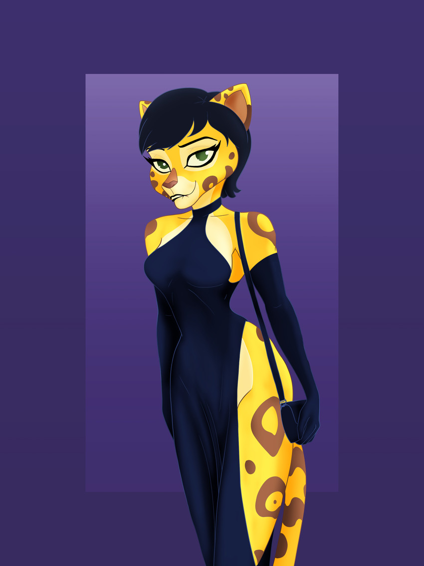 anthro anthrofied armwear bite biting_lip clothing dress elbow_gloves female gloves gradient_background hair handbag handwear looking_at_viewer purse simple_background slit_dress solo spots astraldog disney the_lion_guard the_lion_king fuli cheetah felid feline mammal pantherine absurd_res hi_res