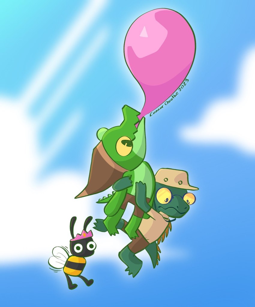 ambiguous_gender antennae_(anatomy) anthro armless armor barefoot big_pupils black_antennae black_body black_eyes black_skin bottomwear bubble bubble_gum bubble_support candy clothed clothing cloud crown dessert dilated_pupils earless eyewear featureless_crotch feet floppy_hat flying food frown glasses green_body green_eyes green_nose green_skin green_spikes green_tail group gum hanging_from_bubble hat head_spikes headgear headwear helmet holding_on humor long_antennae long_tail looking_at_viewer looking_down looking_up male motion_lines mouth_hold mouthless multicolored_body multicolored_skin nude o_o object_in_mouth outside pith_helmet pupils raised_arm raised_leg round_eyes round_head safari_outfit safari_shirt scared shadow shorts simple_eyes size_difference skinny_anthro sky spiked_tail spikes spikes_(anatomy) tail tiara toony topless topless_anthro topless_male trio two_tone_body two_tone_skin wavy_mouth white_wings wide_eyed wings yellow_body yellow_sclera yellow_spikes young connor_quothe lil_gator_game sega sonic_the_hedgehog_(series) antone_(lil_gator_game) lil_gator alligator alligatorid arthropod bee crocodilian hymenopteran iguana iguanid insect lizard reptile scalie 2023 crossover hi_res signature