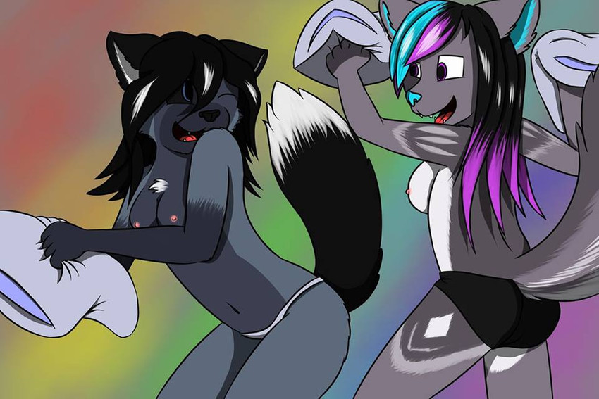 anthro clothed clothing duo female female/female highlights_(coloring) nipples panties pillow pillow_fight smile topless topless_female underwear alaskafox sonja_wusky canid canine canis fox hybrid mammal red_fox silver_fox true_fox wolf wolfdog 3:2