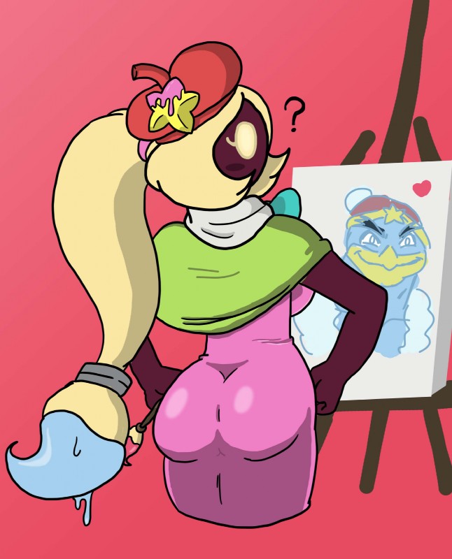 big_butt breasts butt clothing dress easel female hair heart_symbol long_hair looking_back painting ponytail question_mark rear_view simple_background solo wide_hips log_draws kirby_(series) kirby_star_allies nintendo king_dedede vividria humanoid featureless_(disambiguation) absurd_res hi_res