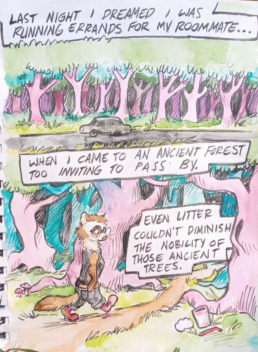 alternative_fashion anthro female forest forest_background grunge nature nature_background plant psychedelic punk retro tree vintage roganaut domestic_ferret mammal mustelid musteline true_musteline weasel absurd_res comic hi_res painting_(artwork) traditional_media_(artwork) watercolor_(artwork)