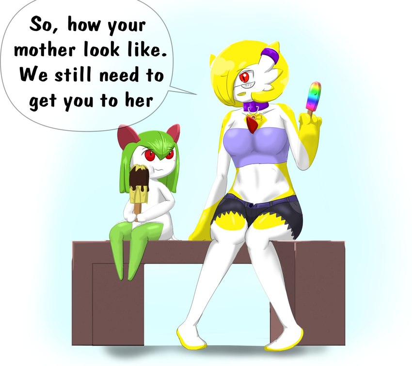 2_panel_comic 3_fingers bench blonde_hair chocolate_covered clothing collar duo eating eyewear female fingers food fusion glasses hair hair_over_eye intersex latex looking_at_another looking_at_partner magnum_popsicle midriff navel on_bench one_eye_obstructed pokemon_fusion popsicle rainbow_popsicle red_eyes sitting sitting_on_bench speech_bubble talking_to_another talking_to_partner text thick_thighs topwear tube_top wide_hips mferite nintendo pokemon daffodil_squeaks_(character) gardevoir generation_3_pokemon humanoid kirlia latex_creature living_latex pokemon_(species) 2020 english_text hi_res