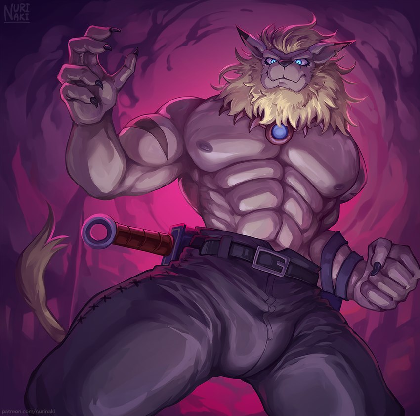 abs anthro blonde_hair blue_eyes claws clothed clothing finger_claws hair looking_at_viewer looking_down looking_down_at_viewer low-angle_view male mane muscular muscular_anthro muscular_male nipples pecs solo tail topless nurinaki bandai_namco digimon digimon_(species) leomon 2023 hi_res