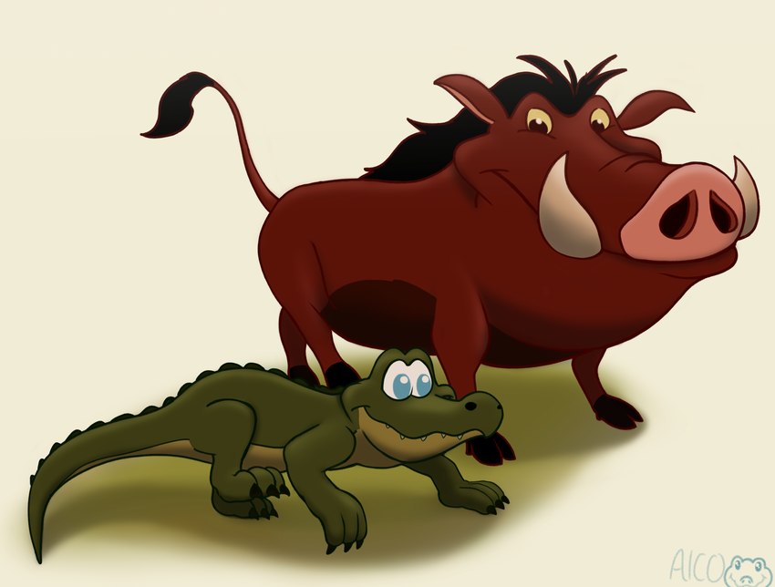 claws duo fangs feral fur looking_at_another male mouth_closed nude quadruped raised_tail scales smile tail tail_tuft teeth tuft tusks wide_eyed alcosaurusrex disney the_lion_king the_lion_king's_timon_&_pumbaa pumbaa pumbaa_jr. crocodile crocodilian mammal reptile scalie suid suine warthog 2023 hi_res signature