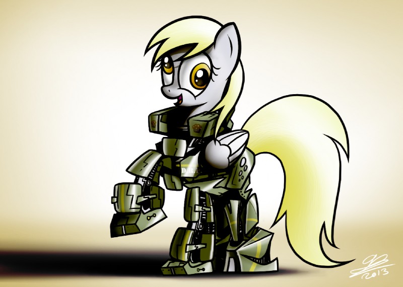 armor cutie_mark feathered_wings feathers female fur grey_body grey_feathers open_mouth solo wings yellow_eyes dori-to friendship_is_magic hasbro my_little_pony mythology derpy_hooves_(mlp) equid equine mammal mythological_creature mythological_equine pegasus