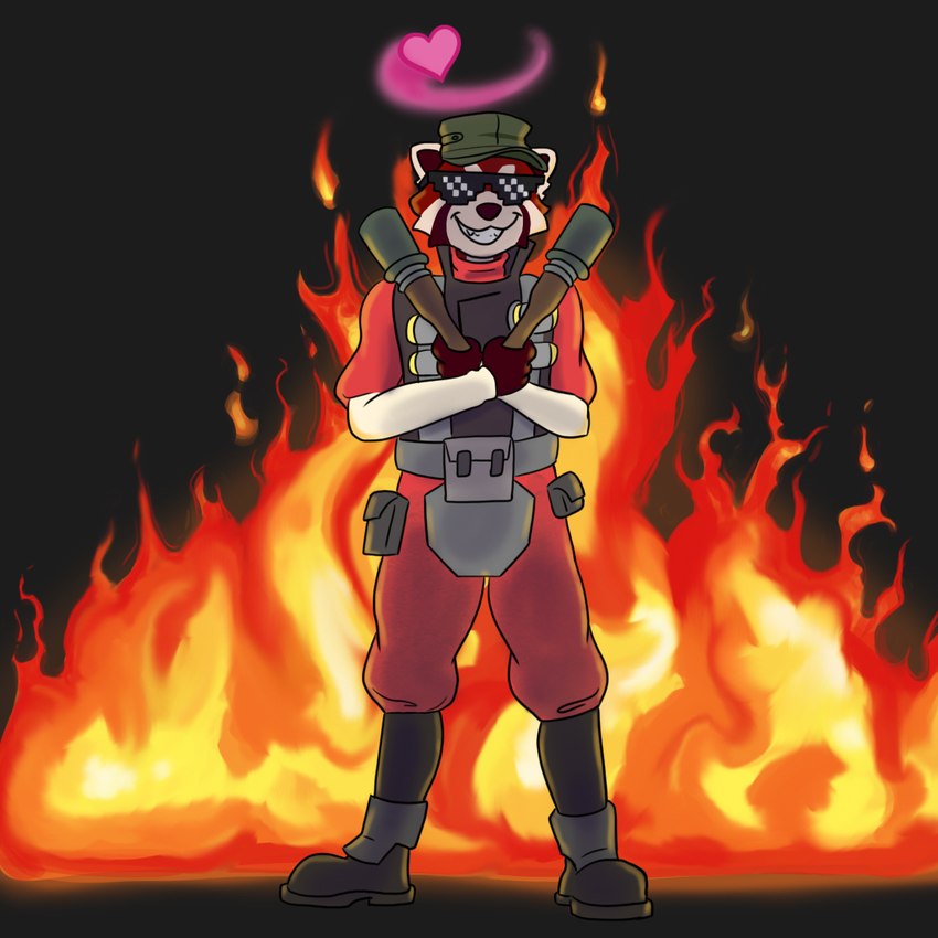 anthro clothed clothing eyewear fire fully_clothed grin hat headgear headwear heart_symbol male smile solo sunglasses teeth misspooks team_fortress_2 valve demoman_(team_fortress_2) ailurid mammal red_panda 1:1 digital_media_(artwork) digital_painting_(artwork) hi_res painting_(artwork)