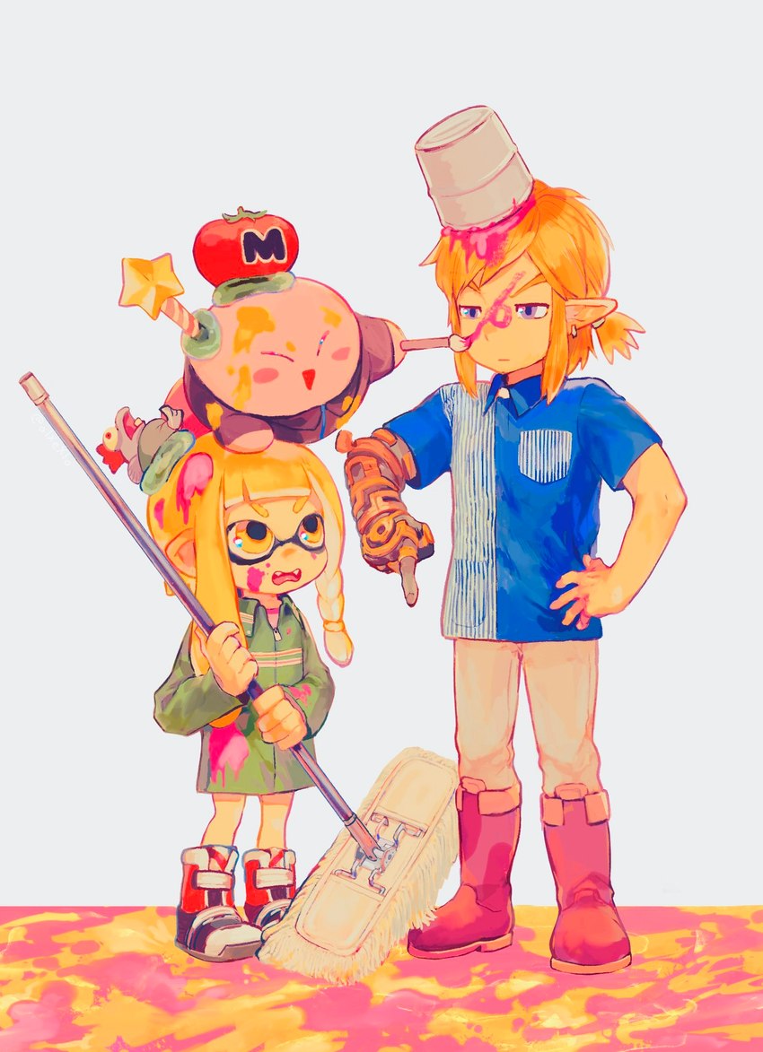 annoyed blonde_hair boots clothing female footwear group hair humanoid_pointy_ears light_body light_skin male messy open_mouth open_smile pointy_ears shoes simple_background smile trio olxexlo kirby_(series) nintendo splatoon super_smash_bros. tears_of_the_kingdom the_legend_of_zelda inkling_girl kirby link little_buddy_(splatoon) alien animal_humanoid cephalopod cephalopod_humanoid fish humanoid hylian inkling marine marine_humanoid mollusk mollusk_humanoid salmonid_(splatoon) salmonoid_(splatoon) smallfry_(splatoon) waddling_head crossover digital_media_(artwork) digital_painting_(artwork) hi_res