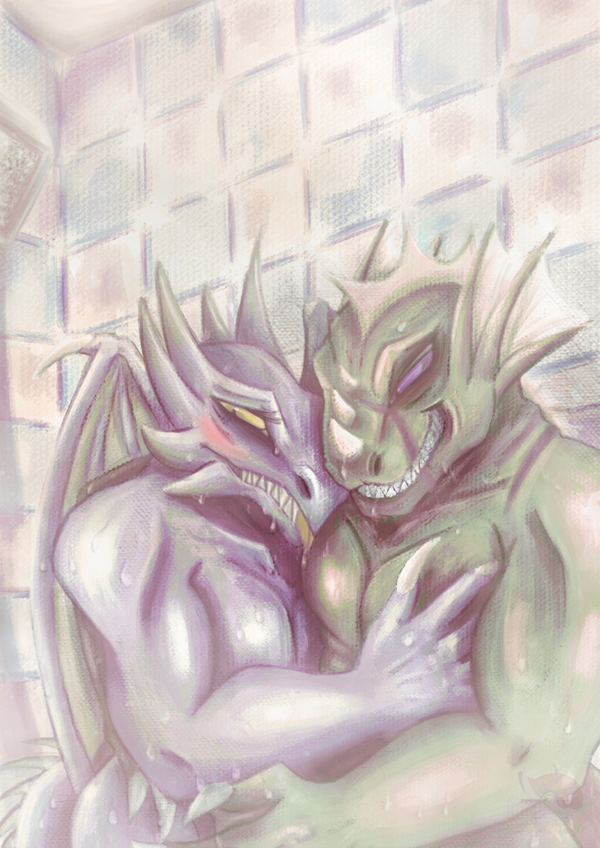 anthro anthro_on_anthro biceps blush casual_nudity ceramic claws closed_smile drop duo eyelashes glistening glistening_body glistening_eyes glistening_scales green_body green_scales grey_body grey_scales half-closed_eyes horn hug looking_aside looking_at_viewer male male/male mature_anthro mature_male membrane_(anatomy) membranous_wings mouth_closed multicolored_body multicolored_scales muscular muscular_anthro muscular_arms muscular_male narrowed_eyes no_sclera nude pecs pupils purple_body purple_eyes purple_scales romantic romantic_couple scales sharp_teeth shower slit_pupils smile snout social_nudity standing steam teeth water wet wet_body wet_scales wings yellow_body yellow_eyes yellow_scales vandclash mythology dragon mythological_creature mythological_scalie reptile scalie hi_res