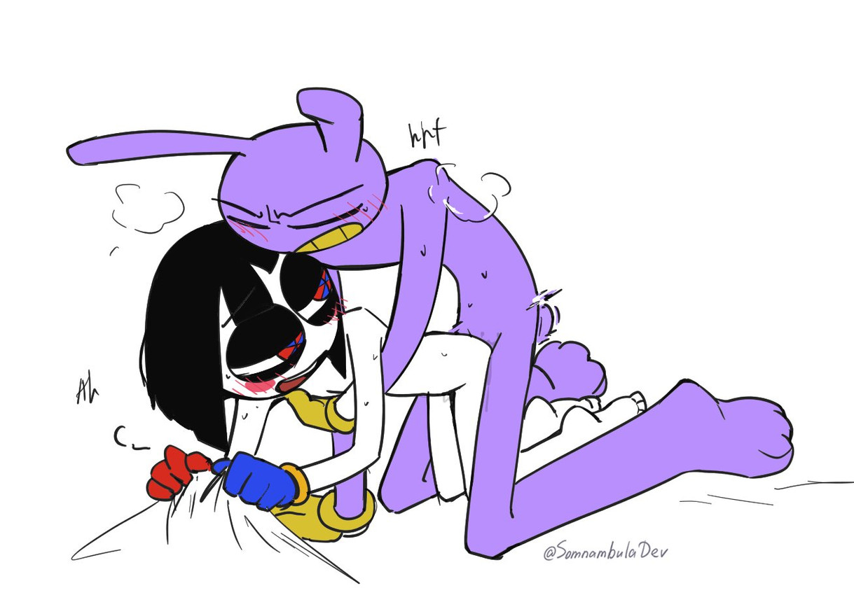 bed_sheet bedding blush blush_lines bodily_fluids clothing doggystyle duo eyes_closed female from_behind_position gloves gloves_only half-closed_eyes handwear handwear_only looking_at_another looking_at_partner looking_pleasured male male/female moan mostly_nude narrowed_eyes nude nude_female nude_male rabbit_ears scut_tail sex short_tail steam sweat tail touching_chest unusual_eyes somnambulaart glitch_productions the_amazing_digital_circus jax_(tadc) pomni_(tadc) humanoid lagomorph leporid mammal