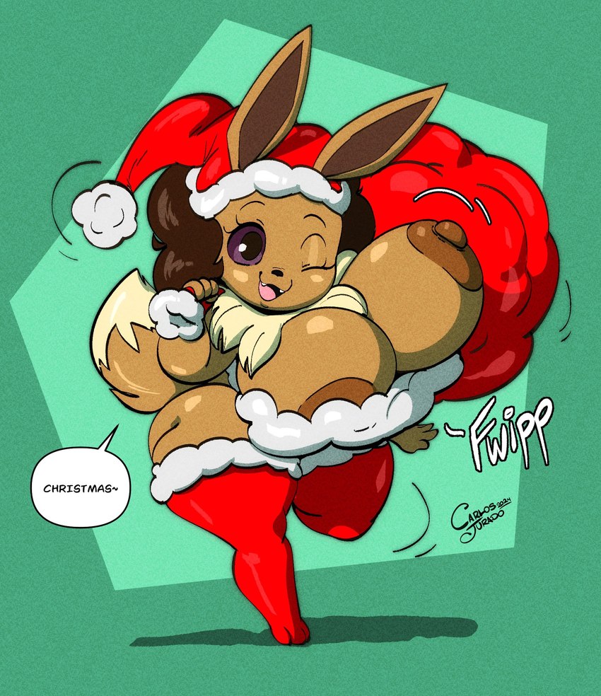 anthro areola big_breasts biped bouncing_breasts breasts brown_areola brown_body brown_nipples clothed clothing dialogue eyelashes female fur holidays huge_breasts legwear nipples open_mouth pupils short_stack smile solo speech_bubble text thick_thighs thigh_highs wide_hips carlos_jurado_cartoons christmas nintendo pokemon eevee generation_1_pokemon pokemon_(species) hi_res