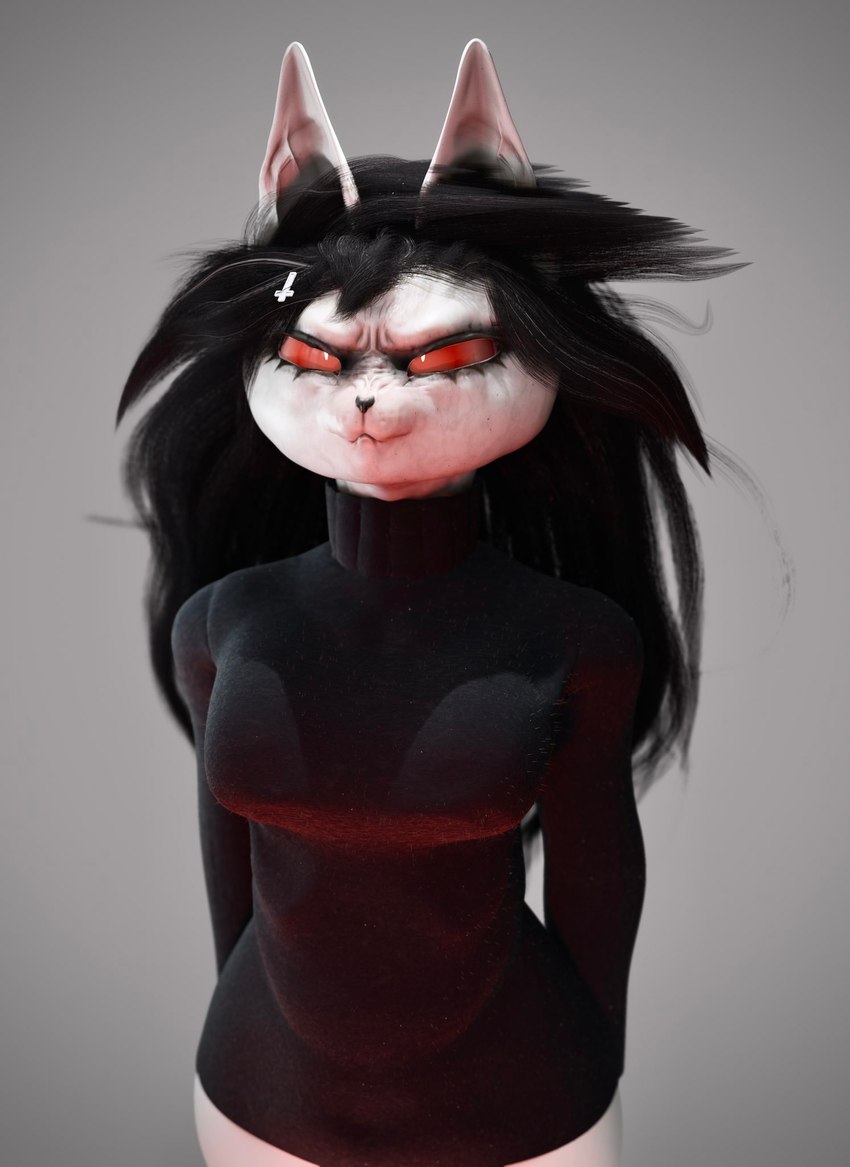 angry anthro cat_witch clothed clothing cross female hair inverted_cross messy_hair red_eyes simple_background solo standing xsl2i domestic_cat felid feline felis mammal 3d_(artwork) digital_media_(artwork) hi_res