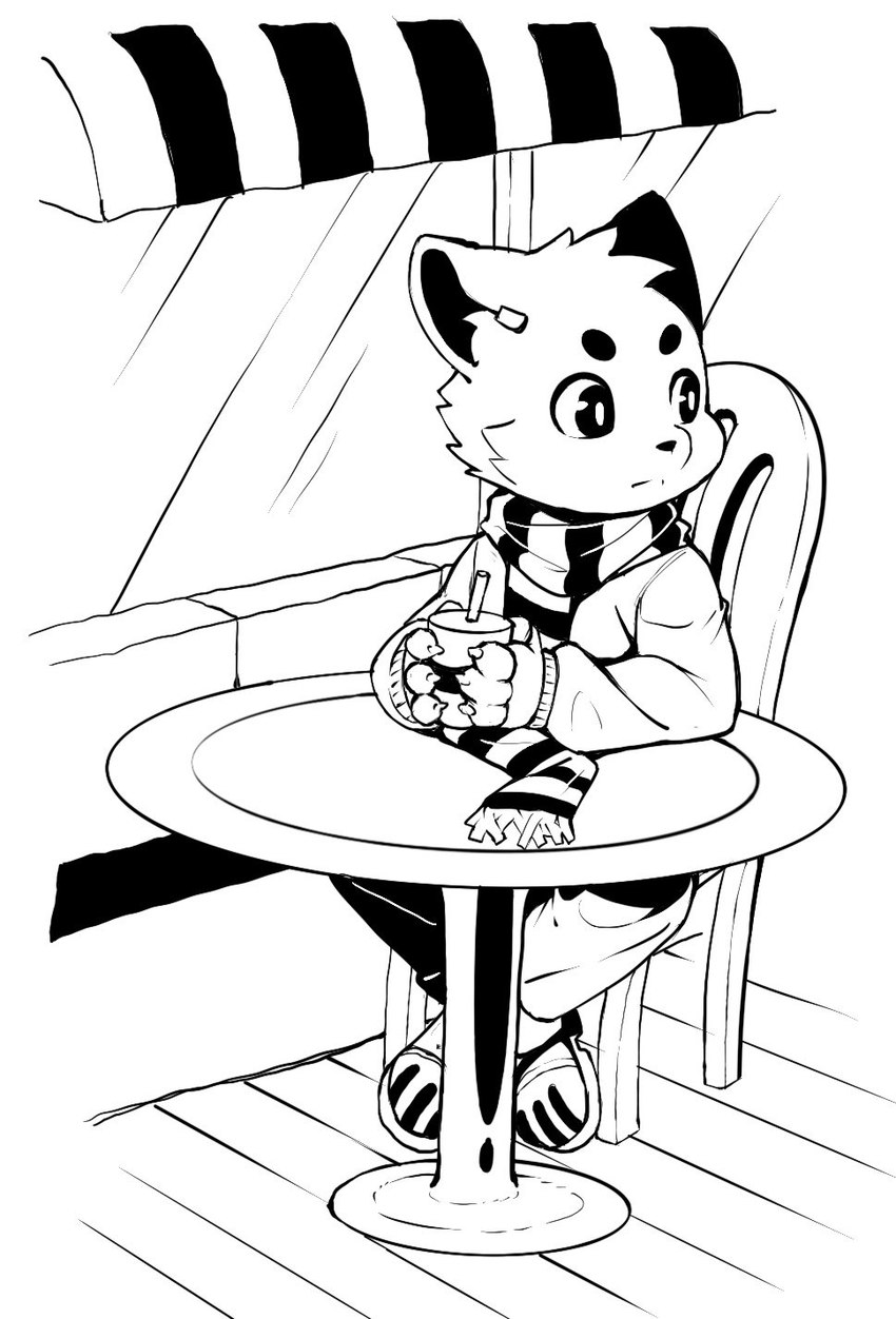 ambiguous_gender anthro beverage cheek_tuft container cup facial_tuft floorboards food holding_food holding_object inner_ear_fluff kemono looking_away scarf sitting solo tuft waiting young young_ambiguous young_anthro lio29227541 canid canine fox mammal 2021 digital_drawing_(artwork) digital_media_(artwork) hi_res monochrome