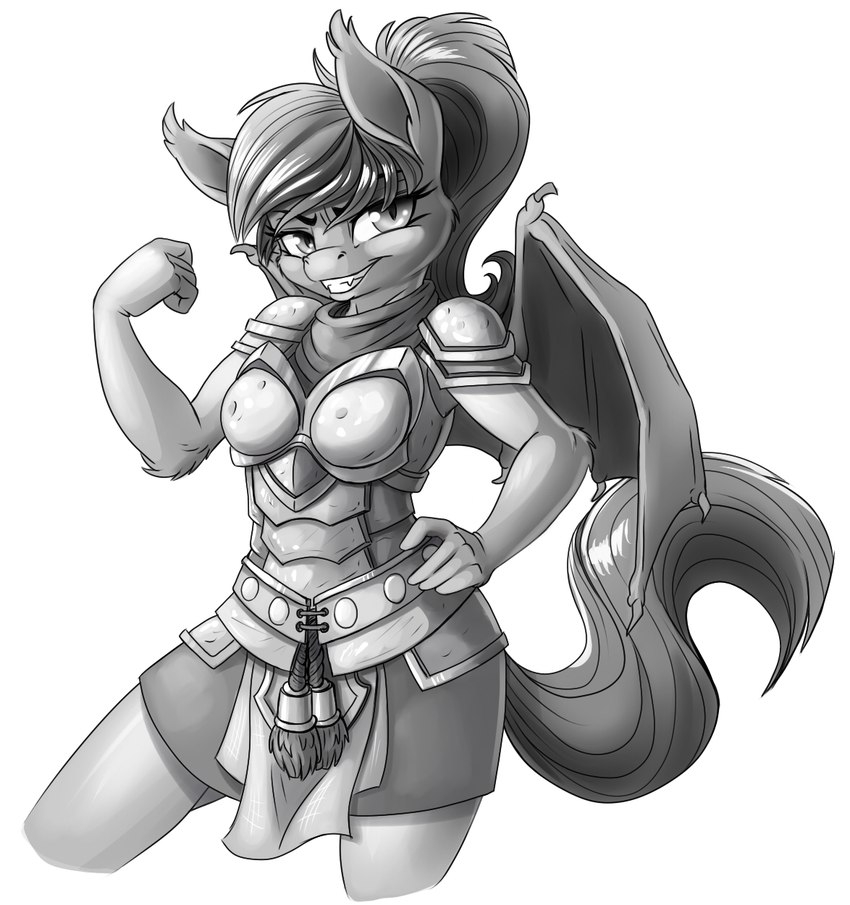 anthro armor bangs bat_wings biped bottomwear breasts clothed clothed_anthro clothed_female clothing cute_fangs eyebrows eyelashes fangs female female_anthro flexing flexing_bicep flexing_muscles fur grin grinning_at_viewer guard hair hand_on_hip horse_mane inner_ear_fluff kilt knight looking_at_viewer mane membrane_(anatomy) membranous_wings neutral_pose ponytail pose pupils sassy simple_background skirt slit_pupils smile smiling_at_viewer solo standing tail teeth tuft warrior white_background wings pusspuss friendship_is_magic hasbro mlp_g4 my_little_pony fan_character royal_guard_(mlp) stella_sabre bat_pony equid equine horse mammal 2015 greyscale hi_res monochrome