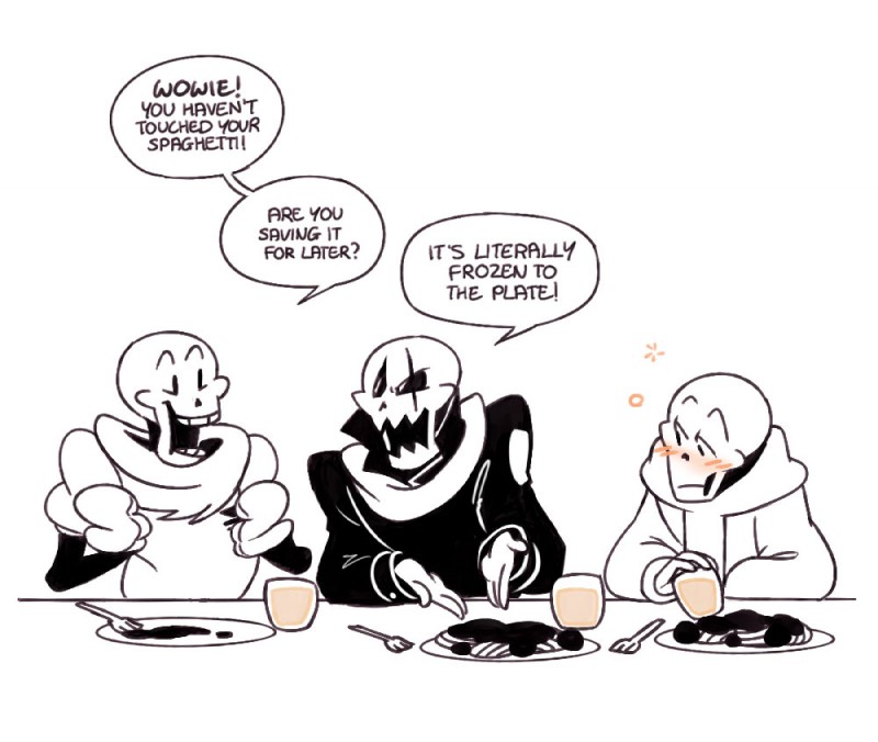 alcohol alternate_universe beverage bone clothing container cup cutlery dialogue food fork gloves handwear hoodie kitchen_utensils not_furry pasta scar scarf skeleton spaghetti text tools topwear min-play_(artist) underfell underswap undertale undertale_(series) papyrus_(underfell) papyrus_(underswap) papyrus_(undertale) animated_skeleton undead comic english_text