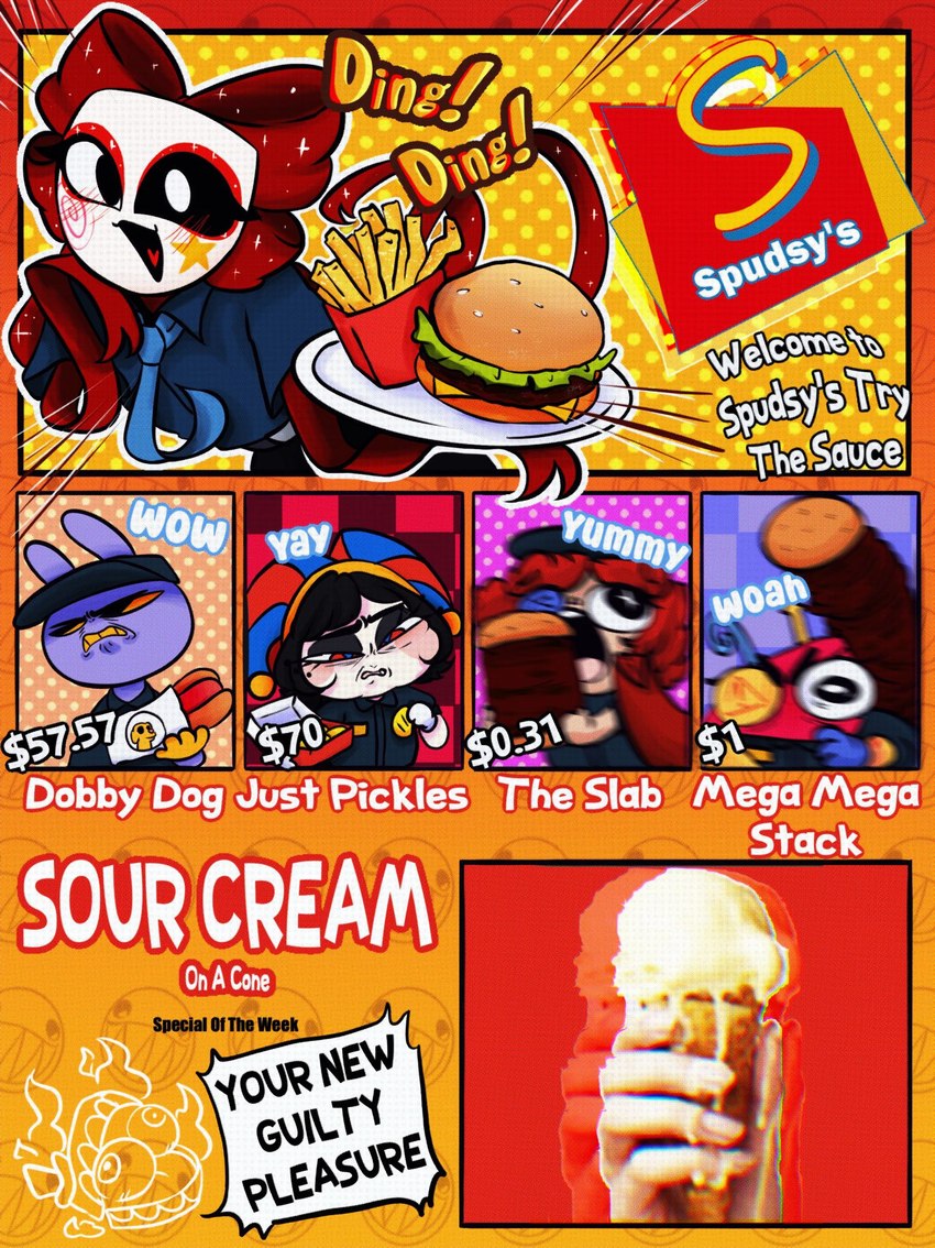 angry anthro burger dessert eating female food fries grossed_out happy hot_dog humor ice_cream logo male number poster text text_box allhailthequeenuwu glitch_productions the_amazing_digital_circus caine_(tadc) gangle_(tadc) jax_(tadc) pomni_(tadc) ragatha_(tadc) zooble_(tadc) humanoid 2024 digital_media_(artwork) english_text hi_res