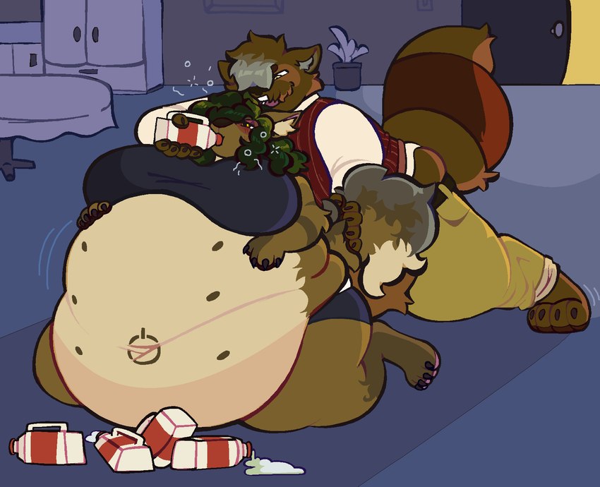 anthro belly belly_overhang big_belly big_breasts breasts digitigrade drunk eggnog force_feeding forced inflation navel substance_intoxication weight_gain bitecreep lattice_lain canid canine canis jackal mammal raccoon_dog tanuki hi_res