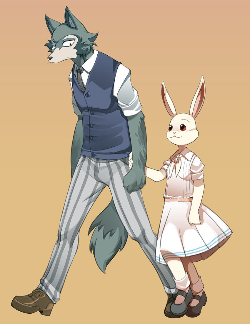 anthro black_nose bow_tie clothing dress female footwear fur grey_body grey_fur hand_holding looking_at_another male red_eyes shoes smile walking white_body white_fur bleedman beastars haru_(beastars) legoshi_(beastars) canid canine canis domestic_rabbit dwarf_rabbit lagomorph leporid mammal oryctolagus rabbit wolf hi_res unavailable_at_source