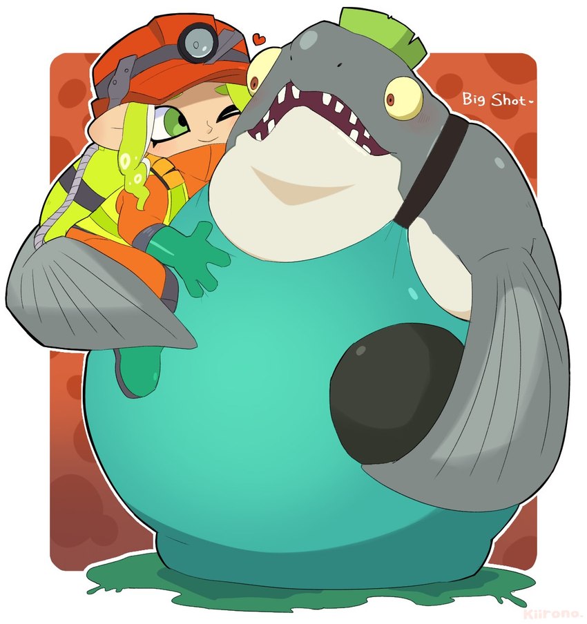 anthro belly blush cannonball clothing duo flat_top green_hair grey_body hair heart_symbol hug ink male one_eye_closed overalls overweight overweight_male size_difference wink kiirono nintendo splatoon big_shot_(splatoon) cephalopod fish humanoid marine mollusk octarian octoling salmonid_(splatoon) 2022 hi_res