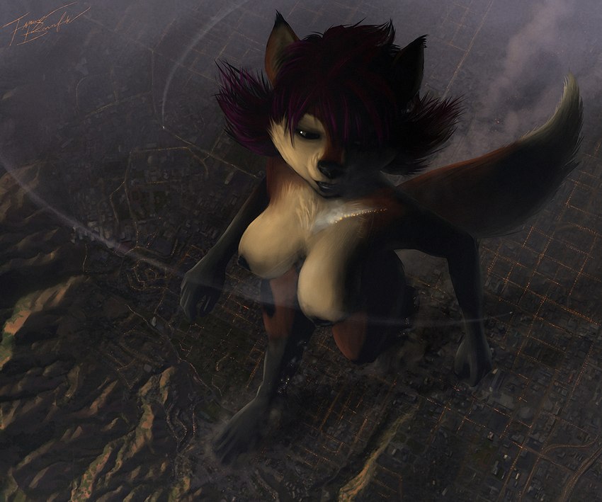 bird's-eye_view black_lips breasts city destruction detailed_background female giga high-angle_view landscape_dwarfing leg_markings lips macro markings mountain nipples nude outside paws socks_(marking) solo tail walking xtreme7 selva canid canine fox mammal 2017