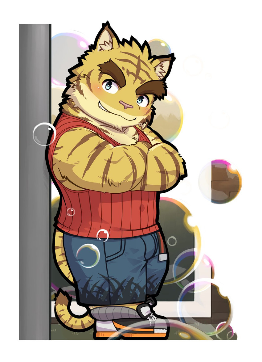 anthro blue_bottomwear blue_clothing blue_eyes blue_shorts blush bottomwear brown_body brown_fur brown_stripes bubble chibi clothed clothing countershade_face countershade_torso countershading crossed_arms dipstick_tail footwear fully_clothed fur grin male markings muscular muscular_anthro muscular_male pink_nose red_clothing red_shirt red_tank_top red_topwear shirt shoes shorts smile sneakers solo stripes tail tail_markings tan_body tan_countershading tan_fur tank_top topwear yellow_body yellow_fur elvendays morenatsu torahiko_(morenatsu) felid mammal pantherine tiger 2026 hi_res