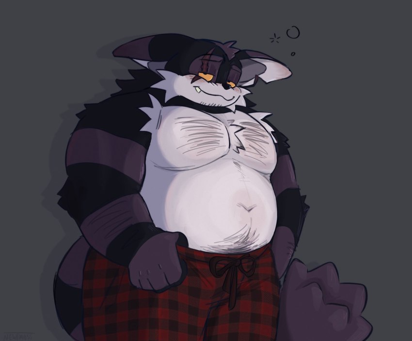 anthro belly biceps blush body_hair chest_hair clothed clothing cute_fangs fur happy_trail male musclegut muscular navel pajama_pants pecs purple_body purple_fur scar solo striped_body striped_fur stripes tired topless newtmoss sega sonic_the_hedgehog_(comics) sonic_the_hedgehog_(series) smalls_the_cat domestic_cat felid feline felis mammal hi_res