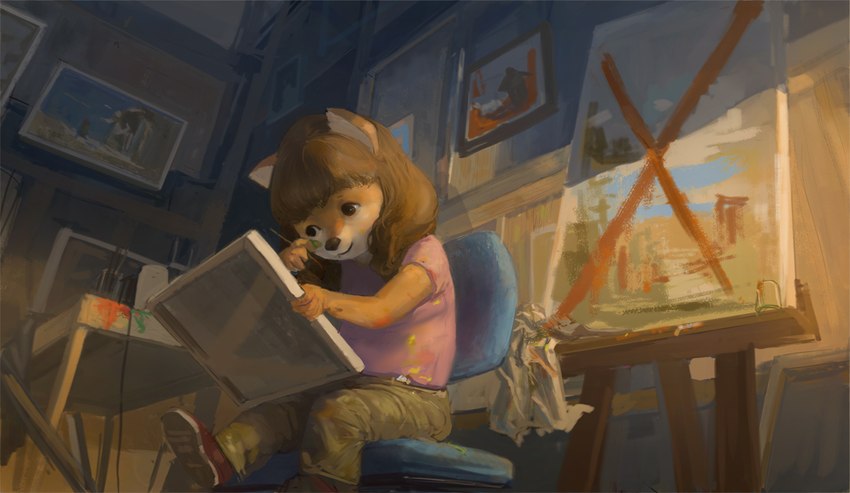 anthro bottomwear brown_body brown_fur brown_hair brush canvas chair clothing detailed_background easel female footwear fur furniture hair holding_brush holding_object holding_paintbrush paint paintbrush painting pants shirt shoes sitting solo tan_body tan_fur toddler topwear wiping workshop x_marking young young_anthro young_female wob wob_(character) canid canine canis coyote mammal 2014
