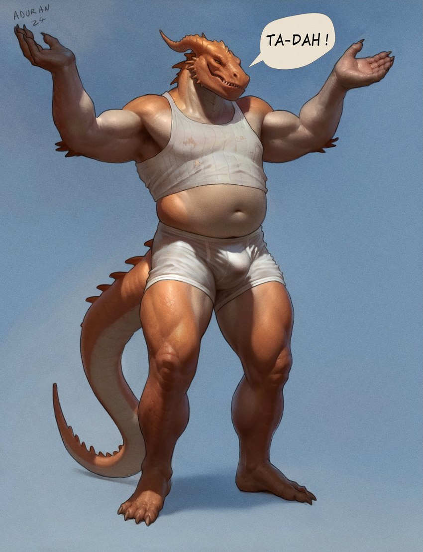 anthro biceps bulge clothing horn male male_anthro musclegut muscular muscular_male navel shirt simple_background solo standing tail tank_top topwear underwear aduran scalie 2024 absurd_res digital_drawing_(artwork) digital_media_(artwork) hi_res