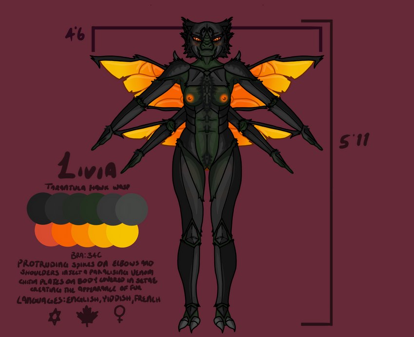 4_arms abs antennae_(anatomy) anthro areola biceps black_body blush breasts canada chart exoskeleton female female_symbol fingers gender_symbol genitals green_body grey_body height_chart hexagram insect_wings looking_at_viewer mandibles maple_leaf multi_arm multi_limb muscular muscular_anthro muscular_female navel nipples non-mammal_breasts non-mammal_nipples nude open_mouth orange_eyes orange_nipples orange_pussy orange_wings palette pussy red_sclera religion religious_symbol religious_symbols simple_background smile solo spikes spikes_(anatomy) standing stinger symbol t-pose text wings yellow_wings conditional_dnp livalittle fallout microsoft livia_(livalittle) arthropod cazador_(fallout) humanoid hymenopteran insect spider_wasp tarantula_hawk_wasp wasp absurd_res digital_media_(artwork) english_text hi_res model_sheet