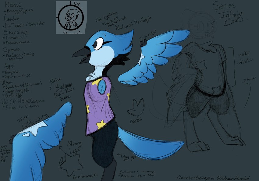 anthro beak birthmark black_body black_feathers blue_body bottomwear clothed clothing feathers female grey_eyes leggings legwear markings purple_clothing shirt smile solo standing star star_print t-shirt text topwear demon_ascended_(artist) bronny_jaybird_(demon_ascended) avian bird blue_jay corvid jay_(bird) new_world_jay oscine passerine colored digital_drawing_(artwork) digital_media_(artwork) hi_res model_sheet signature unfinished