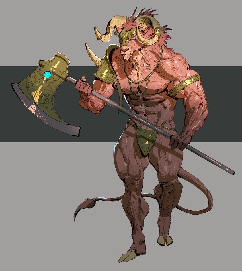 abs anthro armlet armor axe battle_axe biceps blue_eyes cloven_hooves codpiece hooves horn horn_jewelry jewelry male muscular muscular_male muscular_thighs necklace pubes salmon_fur shoulder_guards solo unconvincing_armor pacelic bovid caprine goat mammal hi_res