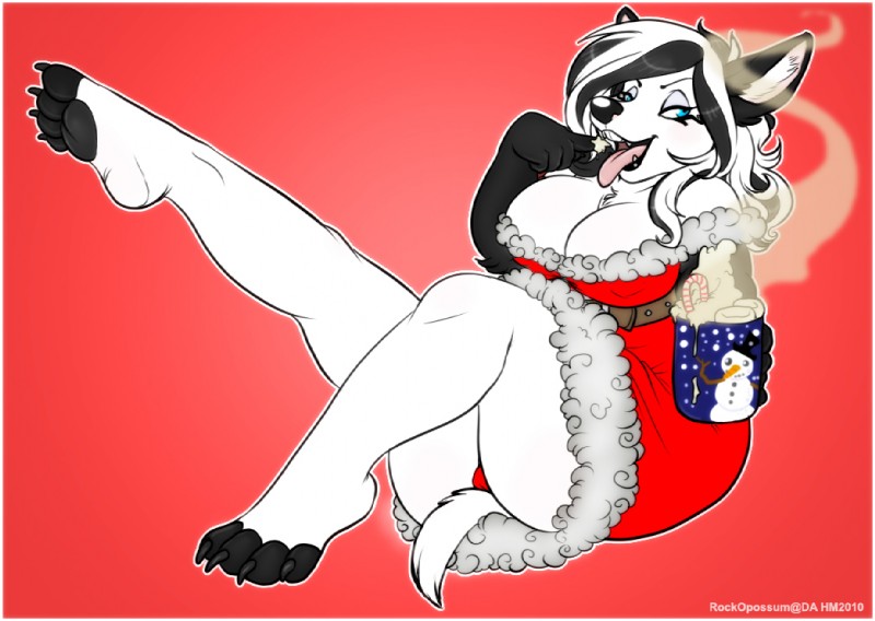 anthro beverage big_breasts black_body black_fur black_hair blue_eyes breasts candy candy_cane chocolate cleavage clothed clothing container cup dessert feet female food fur fur_trim_(clothing) hair holding_container holding_cup holding_object holidays hot_chocolate hot_drink mature_anthro mature_female nipple_outline red_background simple_background solo steam toeless_(marking) white_body white_fur white_hair zeriara christmas dripdry anubian_jackal canid canine canis jackal mammal 2010 digital_media_(artwork)