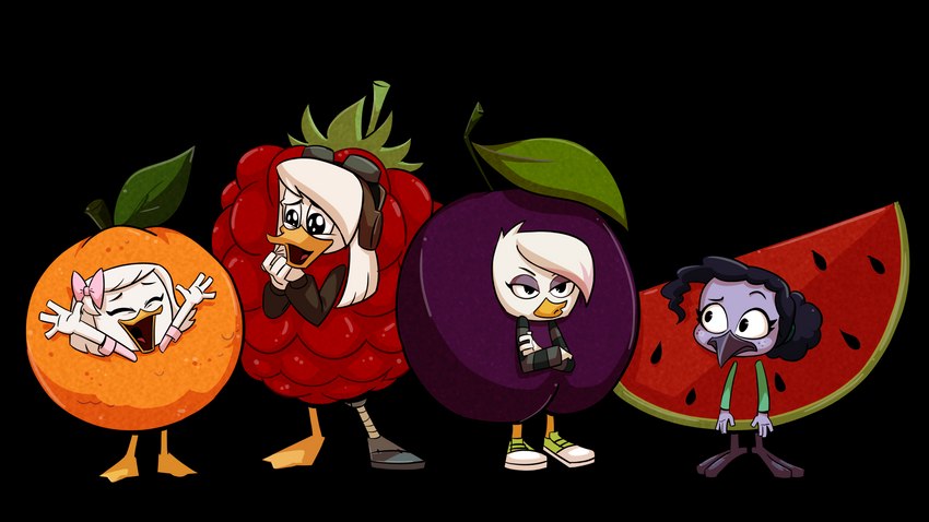 anthro clothing costume eyewear eyewear_on_head female food food_costume freckles fruit goggles goggles_on_head group melon orange_(fruit) orange_costume plant plum_(fruit) plum_costume raspberry raspberry_costume vanderquack watermelon watermelon_costume webby khionyohannmendoza disney ducktales ducktales_(2017) della della_duck lena lena_(ducktales) sabrewing violet_sabrewing webby_vanderquack anatid anseriform apodiform avian bird duck hummingbird 16:9 4k absurd_res alpha_channel hi_res widescreen