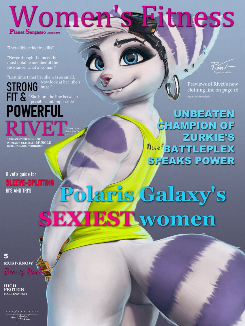 anthro athletic athletic_anthro athletic_female bite biting_lip biting_own_lip blue_eyes bottomless bottomless_anthro bottomless_female breasts butt clothed clothing cybernetic_arm cybernetic_limb ear_piercing ear_ring eyebrow_piercing eyewear eyewear_on_head facial_piercing female fictional_magazine_cover fur goggles goggles_on_head hair looking_at_viewer nipple_outline nose_piercing nose_ring piercing ring_piercing self_bite septum_piercing shirt simple_background smile solo standing stripes tail tank_top teeth text topwear akkusky ratchet_and_clank sony_corporation sony_interactive_entertainment rivet_(ratchet_and_clank) lombax mammal 3:4 absurd_res cover digital_media_(artwork) english_text hi_res magazine_cover