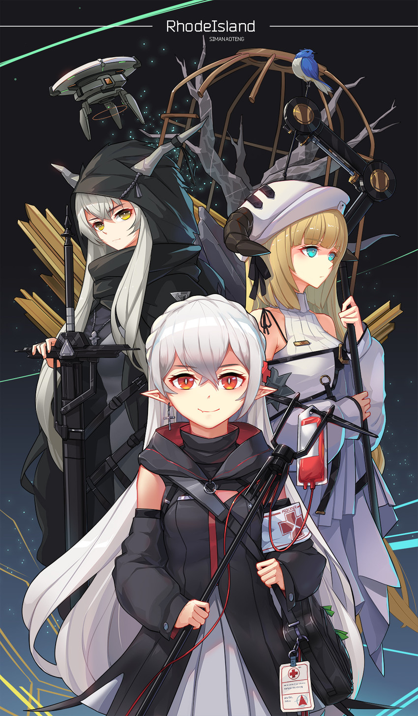 bag blonde_hair blue_eyes drone_(vehicle) ear_piercing female group hair hood horn humanoid_pointy_ears looking_at_viewer machine not_furry piercing plant red_eyes scarf smile tree white_hair sima_naoteng arknights hypergryph studio_montagne nightingale_(arknights) shining_(arknights) warfarin_(arknights) elf horned_humanoid humanoid vampire 2019 hi_res