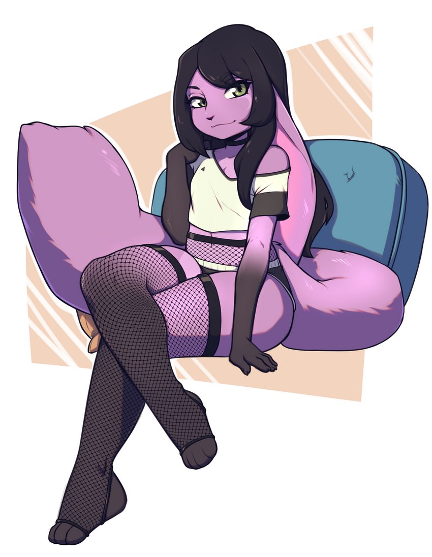 anthro black_body black_fur black_hair bottomwear clothing crop_top crossed_legs femboy fishnet_clothing fishnet_legwear fur green_eyes hair legwear long_hair long_tail looking_at_viewer male midriff paws pillow pose purple_body purple_fur shirt shorts simple_background sitting smile solo tail topwear suelix august_moon canid canine fox hybrid lagomorph leporid mammal rabbit digital_media_(artwork) hi_res pinup shaded