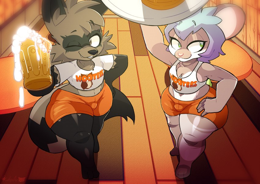 alcohol anthro beer beverage blue_hair bulge clothing duo femboy hair hooters_uniform male shirt tail tank_top text text_on_clothing text_on_shirt text_on_tank_top text_on_topwear topwear femboy_hooters hooters jinx(racc4hire) mammal mouse murid murine procyonid raccoon rodent absurd_res hi_res