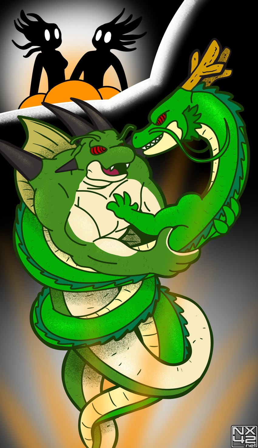 anthro duo female gender_transformation horn hypnosis legless male male/male mind_control muscular spiral_eyes transformation nx-42 dragon_ball dragon_ball_z mythology wish_dragon porunga shenron dragon eastern_dragon human mammal mythological_creature mythological_scalie scalie absurd_res hi_res