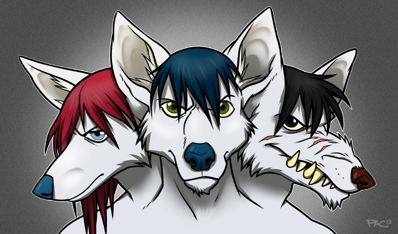 3_heads anthro fused_ears male multi_head mutation solo pac european_mythology greek_mythology mythology canid canid_demon canine cerberus demon hellhound mammal mythological_canine mythological_creature 2013 signature